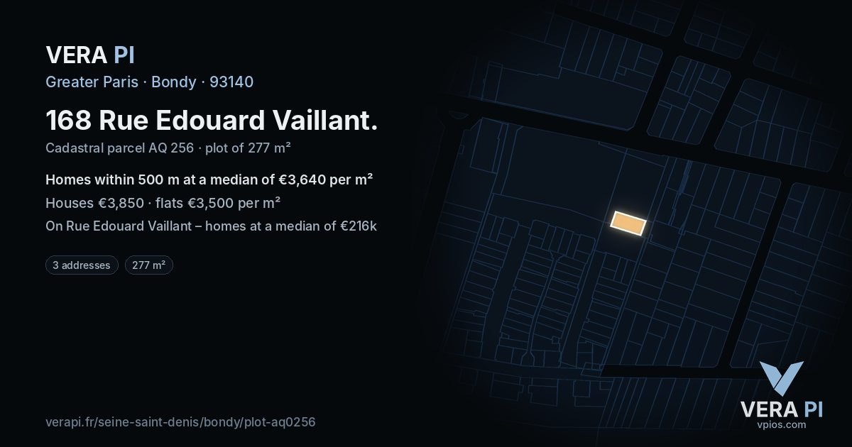 168 Rue Edouard Vaillant, Bondy at night – the plot lit, the parcels around coloured by the prices near them