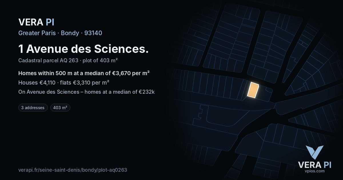1 Avenue des Sciences, Bondy at night – the plot lit, the parcels around coloured by the prices near them