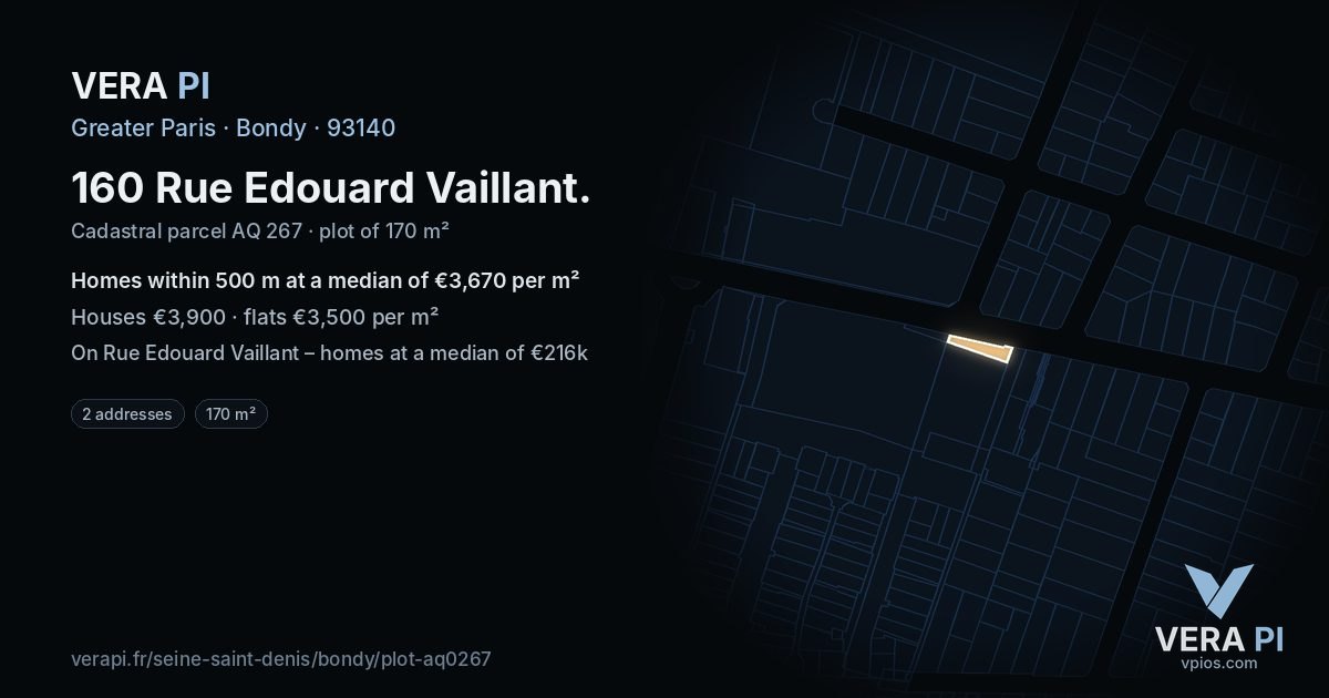 160 Rue Edouard Vaillant, Bondy at night – the plot lit, the parcels around coloured by the prices near them