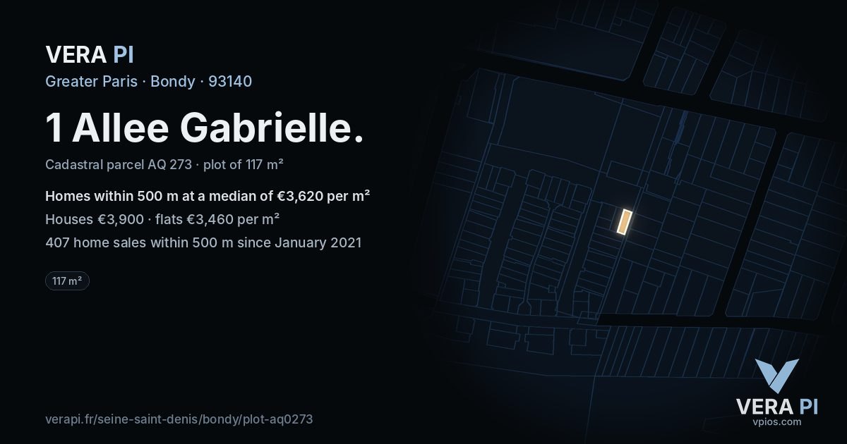 1 Allee Gabrielle, Bondy at night – the plot lit, the parcels around coloured by the prices near them