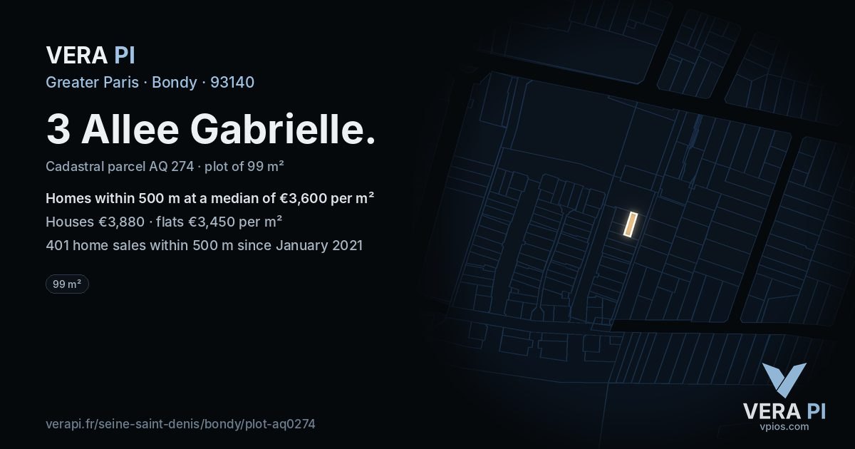 3 Allee Gabrielle, Bondy at night – the plot lit, the parcels around coloured by the prices near them