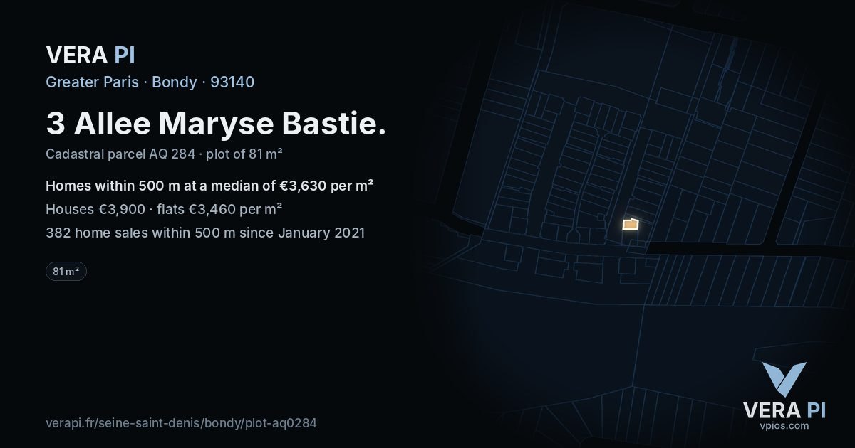 3 Allee Maryse Bastie, Bondy at night – the plot lit, the parcels around coloured by the prices near them