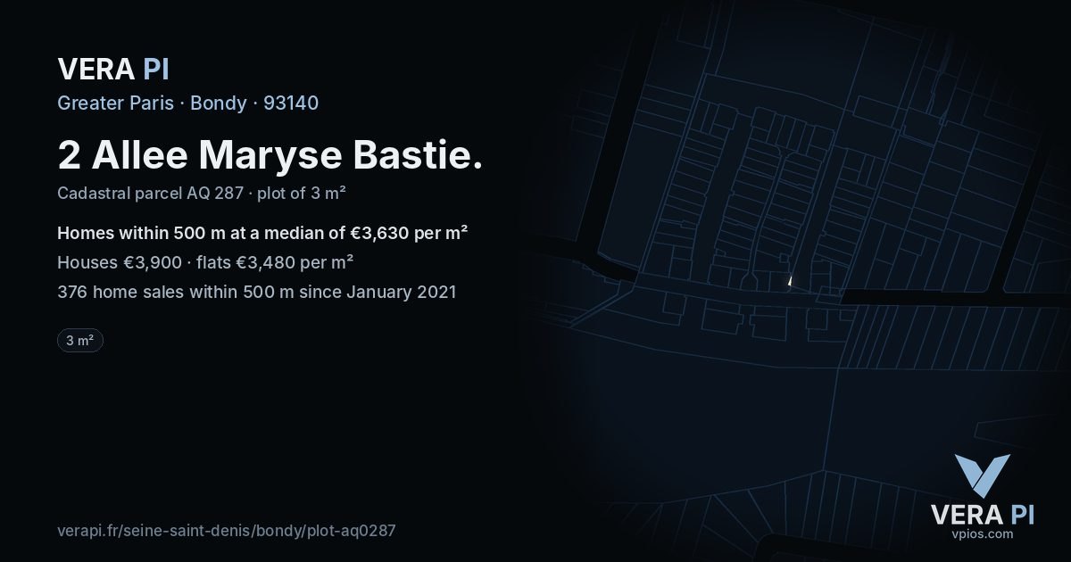 2 Allee Maryse Bastie, Bondy at night – the plot lit, the parcels around coloured by the prices near them