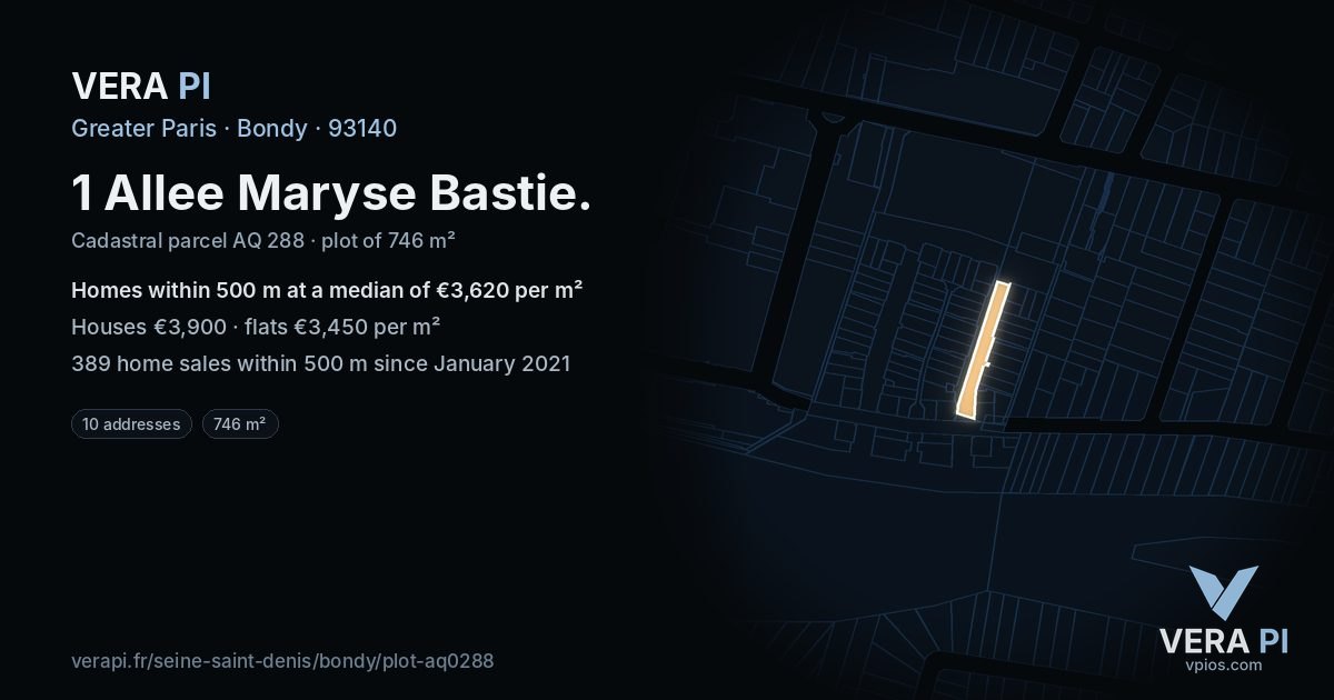 1 Allee Maryse Bastie, Bondy at night – the plot lit, the parcels around coloured by the prices near them