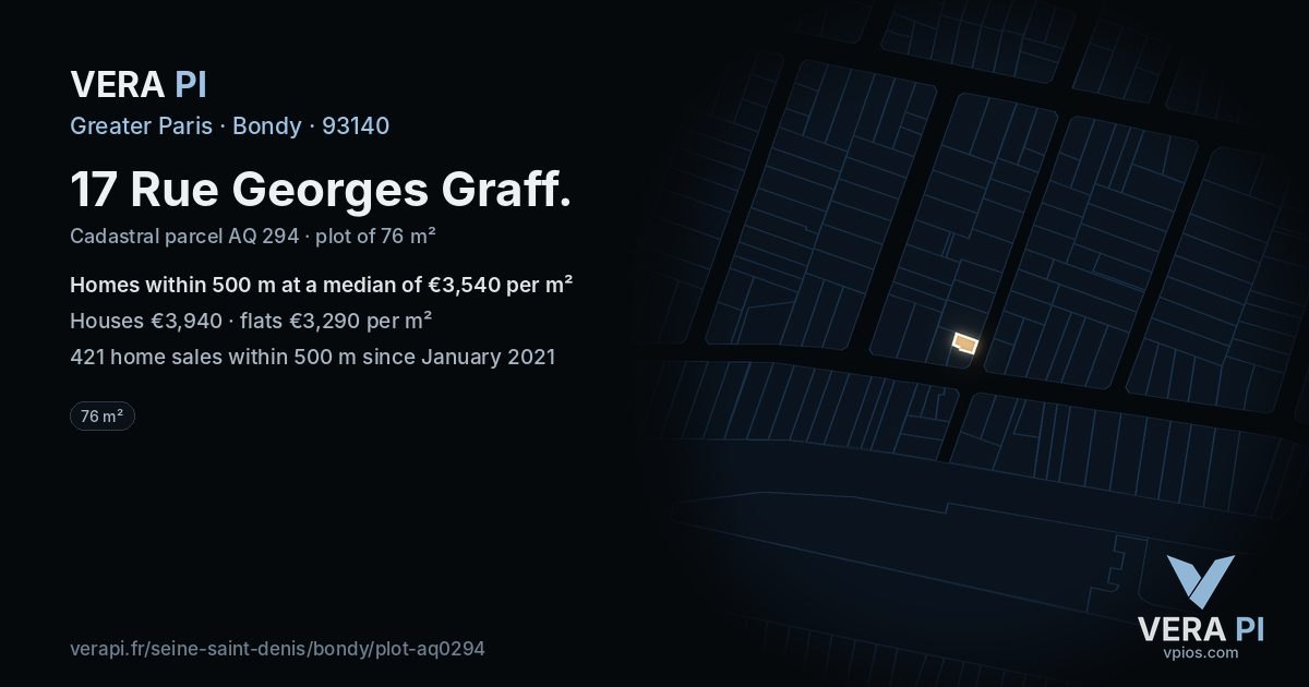 17 Rue Georges Graff, Bondy at night – the plot lit, the parcels around coloured by the prices near them