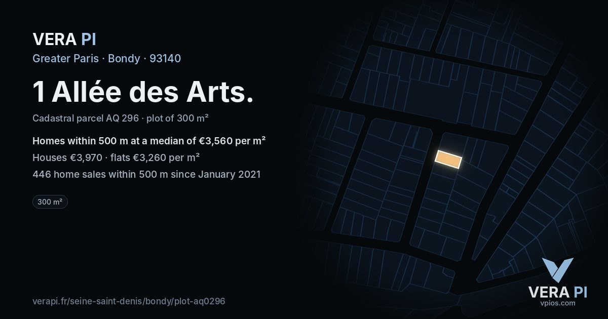 1 Allée des Arts, Bondy at night – the plot lit, the parcels around coloured by the prices near them