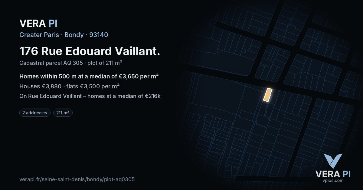 176 Rue Edouard Vaillant, Bondy at night – the plot lit, the parcels around coloured by the prices near them
