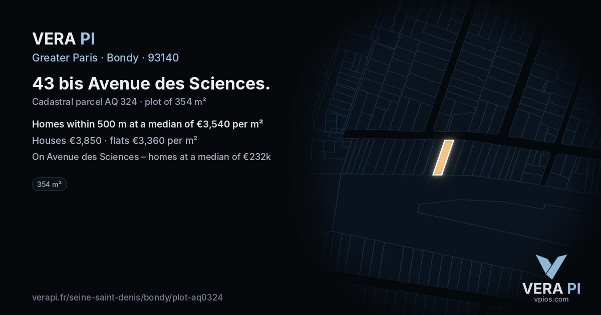 43 bis Avenue des Sciences, Bondy at night – the plot lit, the parcels around coloured by the prices near them