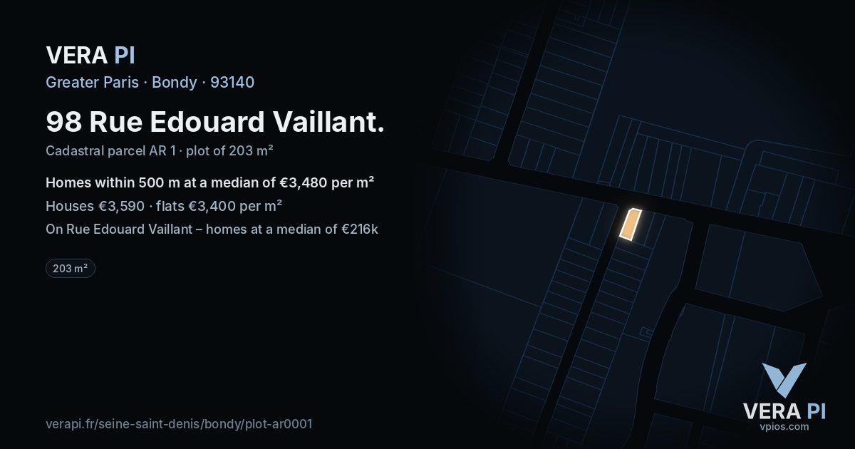 98 Rue Edouard Vaillant, Bondy at night – the plot lit, the parcels around coloured by the prices near them