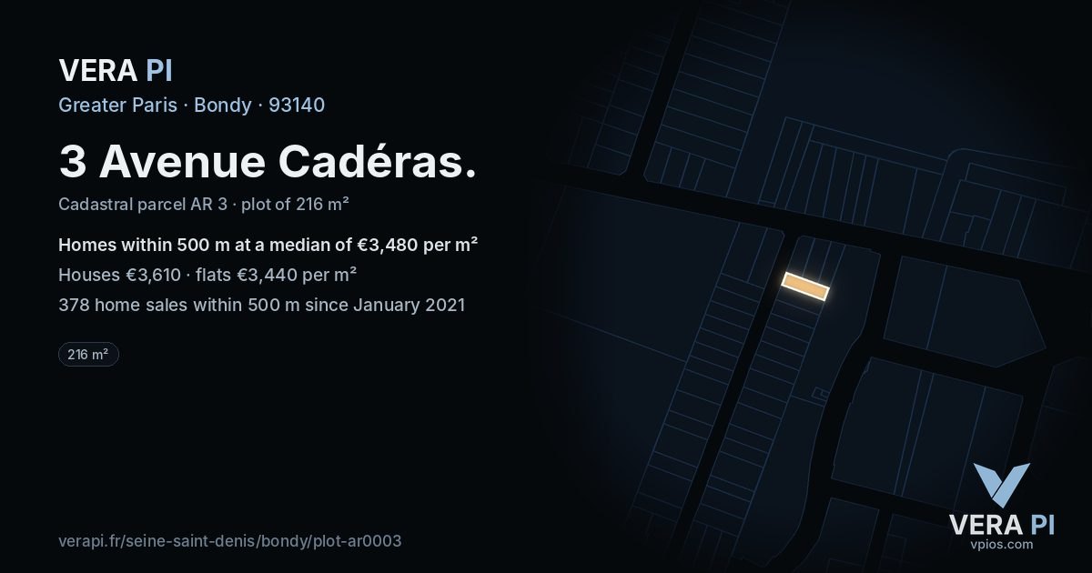 3 Avenue Cadéras, Bondy at night – the plot lit, the parcels around coloured by the prices near them