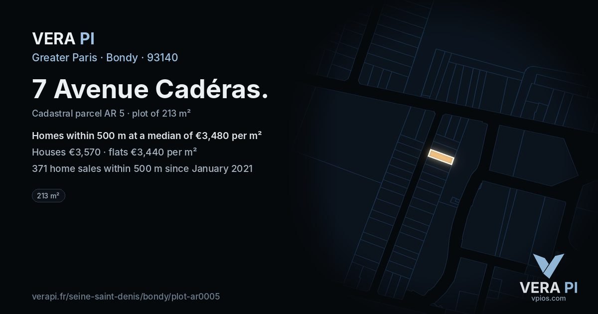 7 Avenue Cadéras, Bondy at night – the plot lit, the parcels around coloured by the prices near them