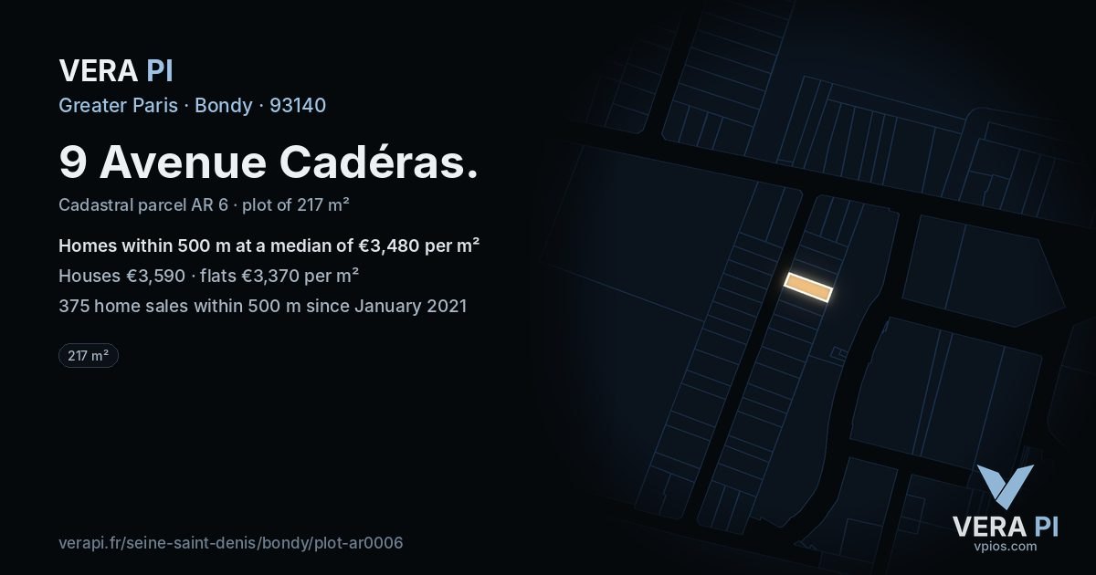 9 Avenue Cadéras, Bondy at night – the plot lit, the parcels around coloured by the prices near them
