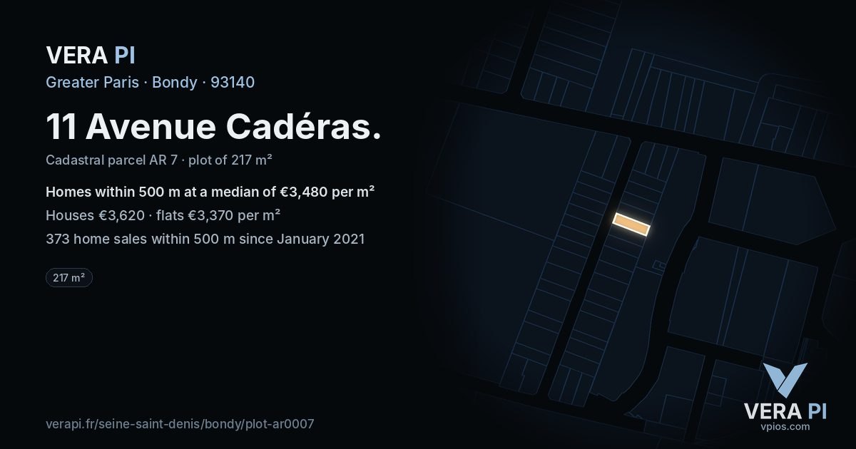 11 Avenue Cadéras, Bondy at night – the plot lit, the parcels around coloured by the prices near them