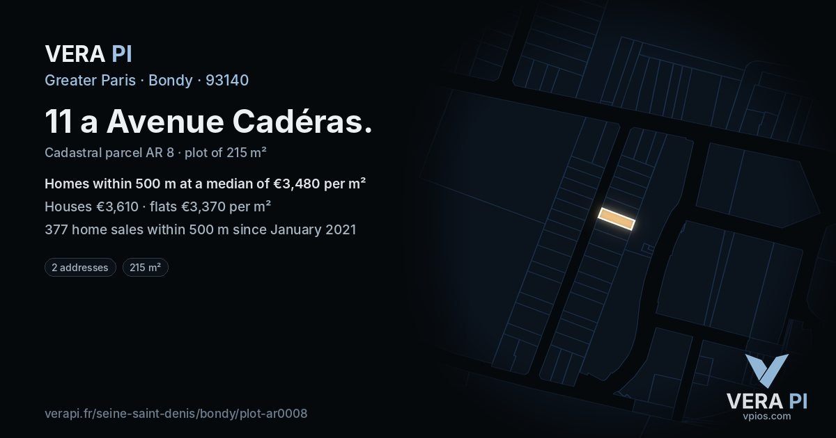 11 a Avenue Cadéras, Bondy at night – the plot lit, the parcels around coloured by the prices near them