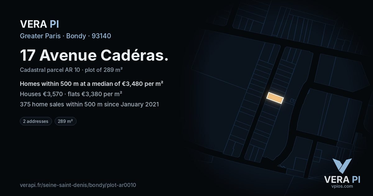 17 Avenue Cadéras, Bondy at night – the plot lit, the parcels around coloured by the prices near them