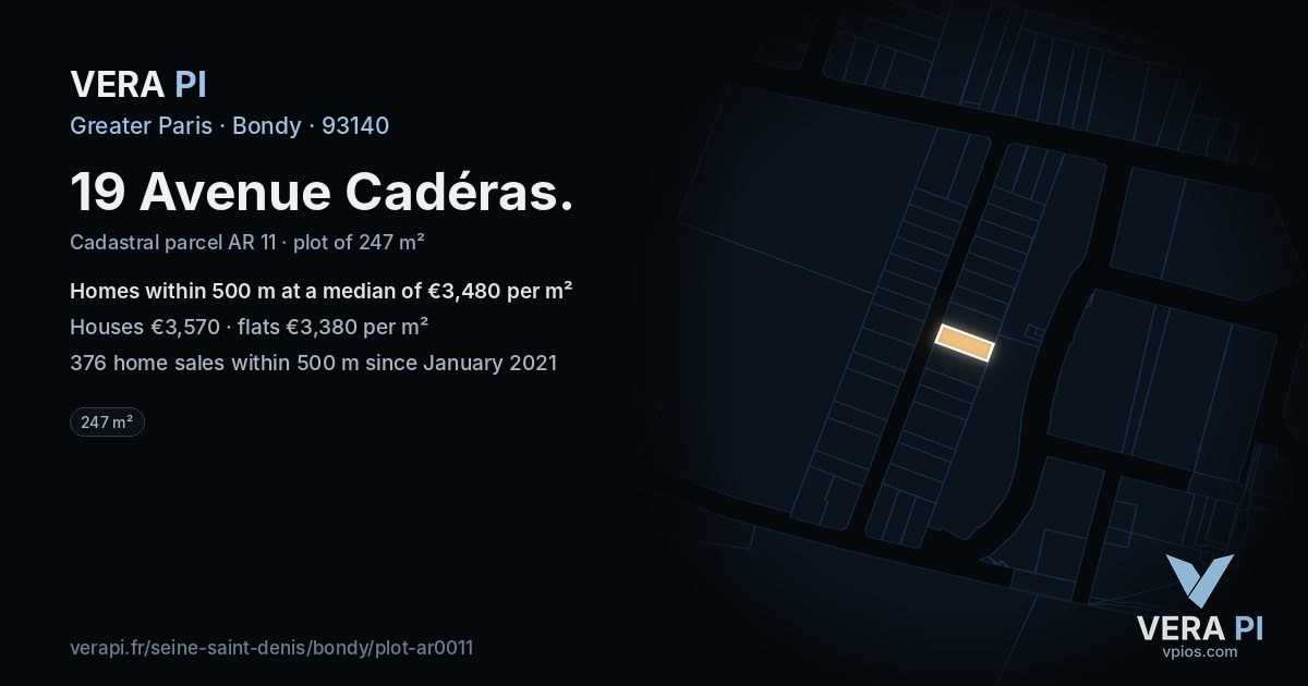 19 Avenue Cadéras, Bondy at night – the plot lit, the parcels around coloured by the prices near them