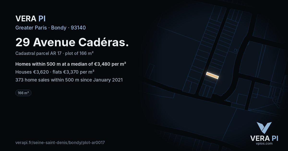 29 Avenue Cadéras, Bondy at night – the plot lit, the parcels around coloured by the prices near them