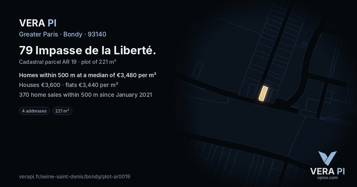 79 Impasse de la Liberté, Bondy at night – the plot lit, the parcels around coloured by the prices near them