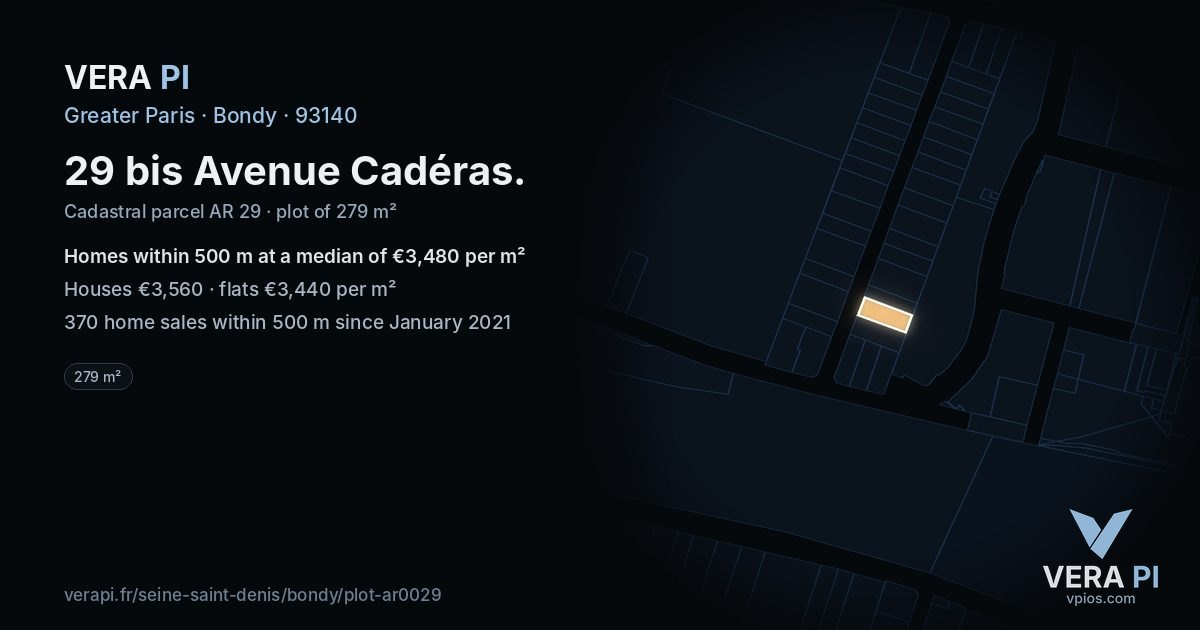 29 bis Avenue Cadéras, Bondy at night – the plot lit, the parcels around coloured by the prices near them