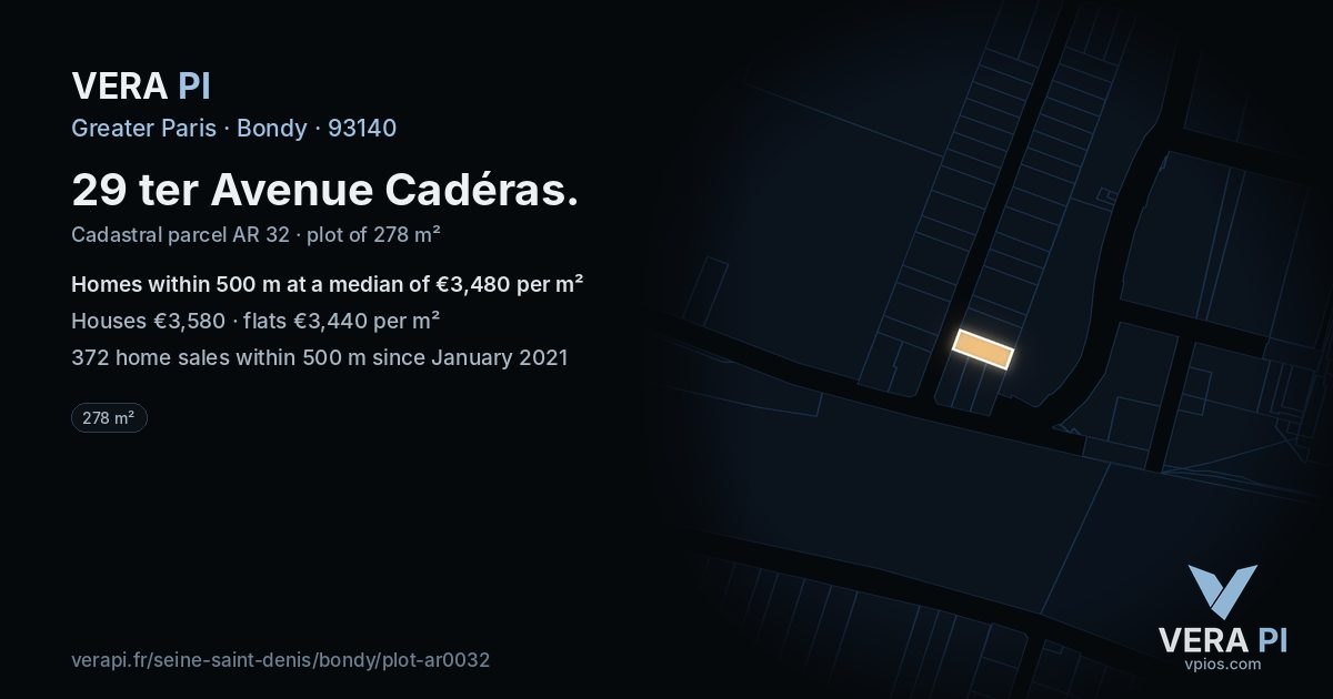 29 ter Avenue Cadéras, Bondy at night – the plot lit, the parcels around coloured by the prices near them