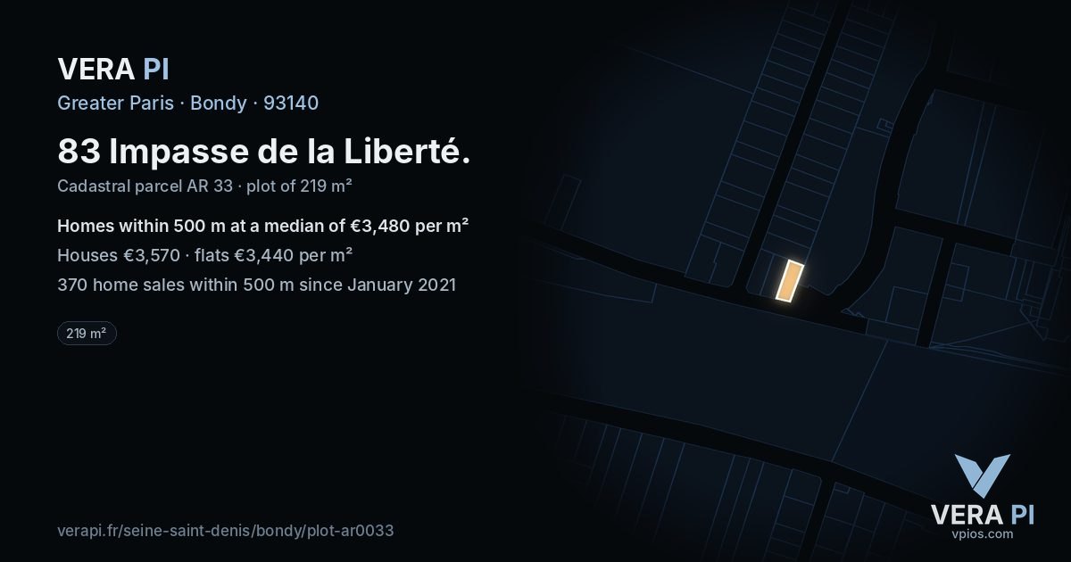 83 Impasse de la Liberté, Bondy at night – the plot lit, the parcels around coloured by the prices near them