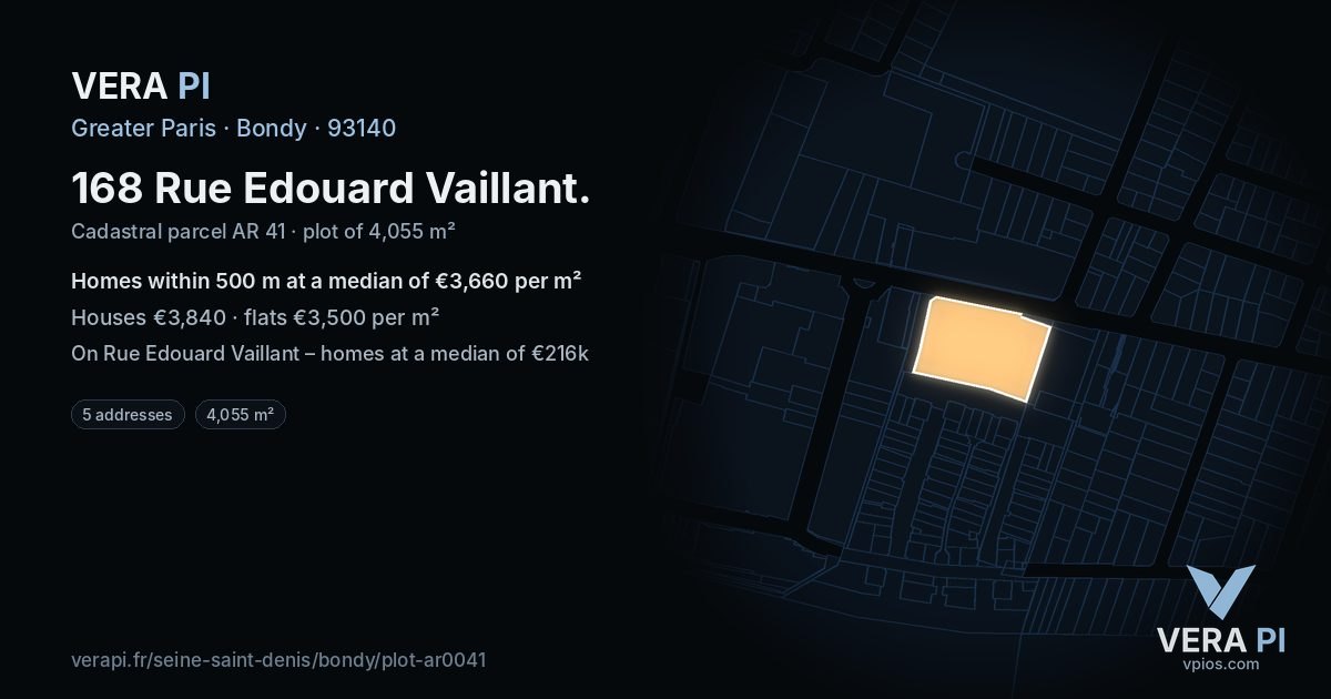 168 Rue Edouard Vaillant, Bondy at night – the plot lit, the parcels around coloured by the prices near them