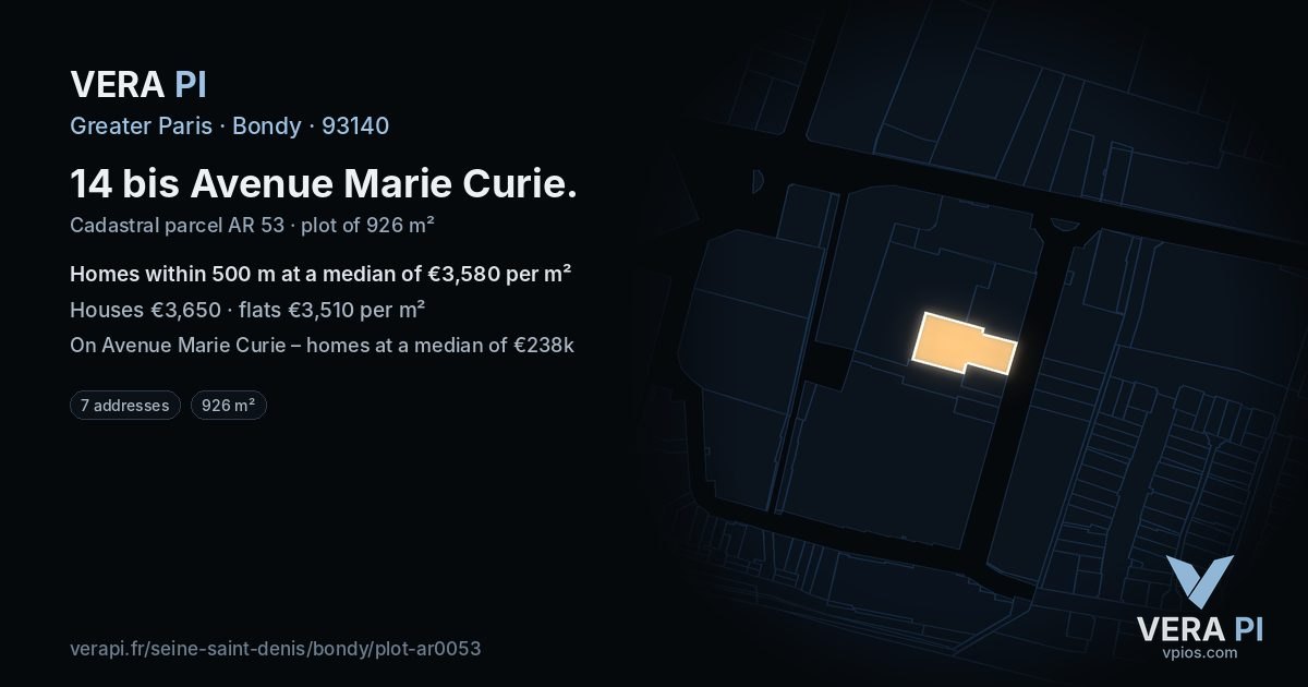 14 bis Avenue Marie Curie, Bondy at night – the plot lit, the parcels around coloured by the prices near them