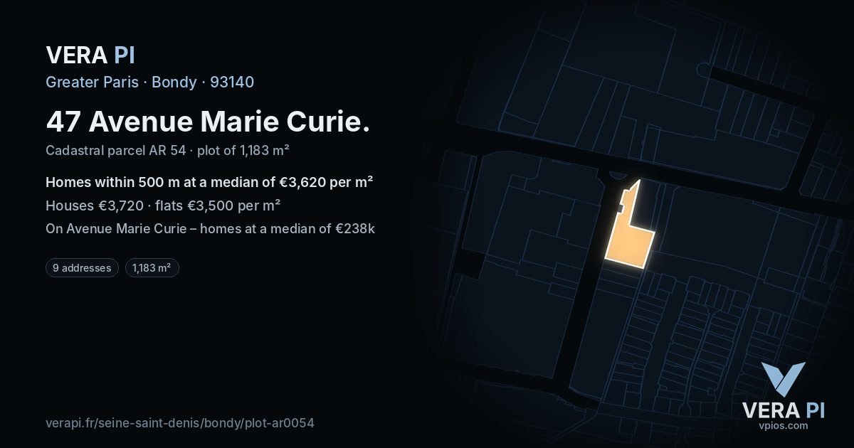47 Avenue Marie Curie, Bondy at night – the plot lit, the parcels around coloured by the prices near them