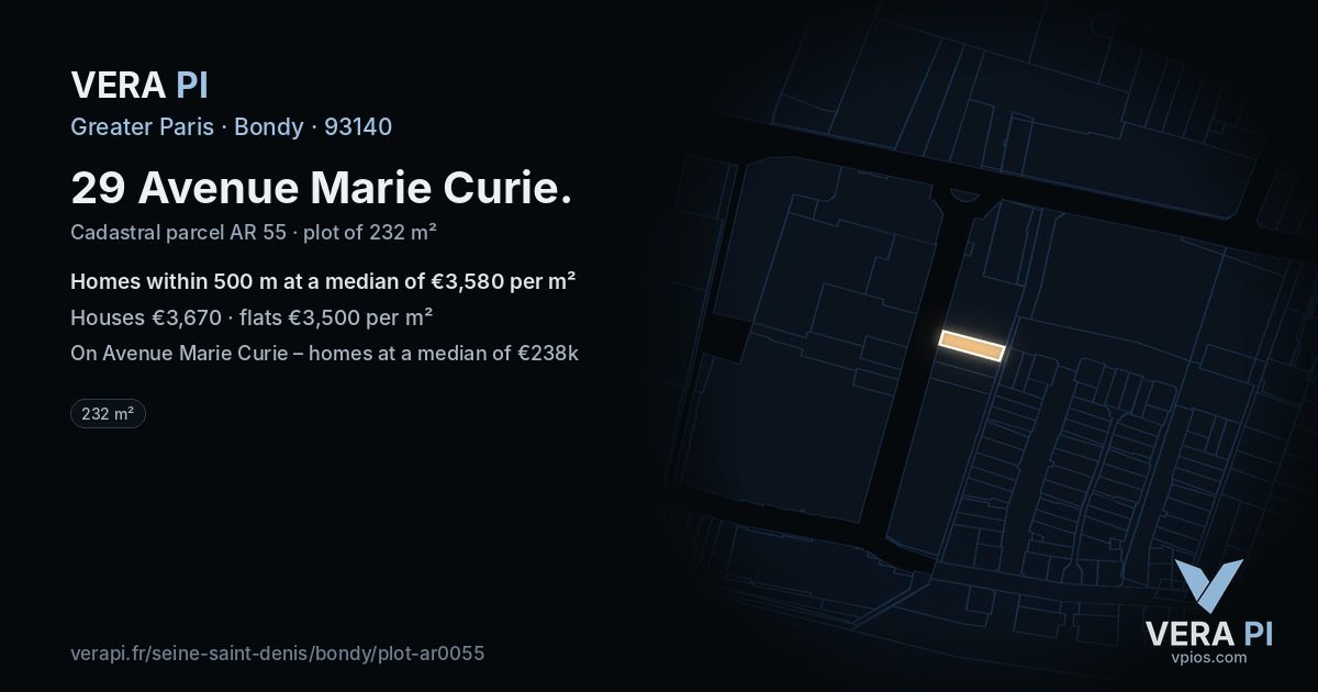 29 Avenue Marie Curie, Bondy at night – the plot lit, the parcels around coloured by the prices near them