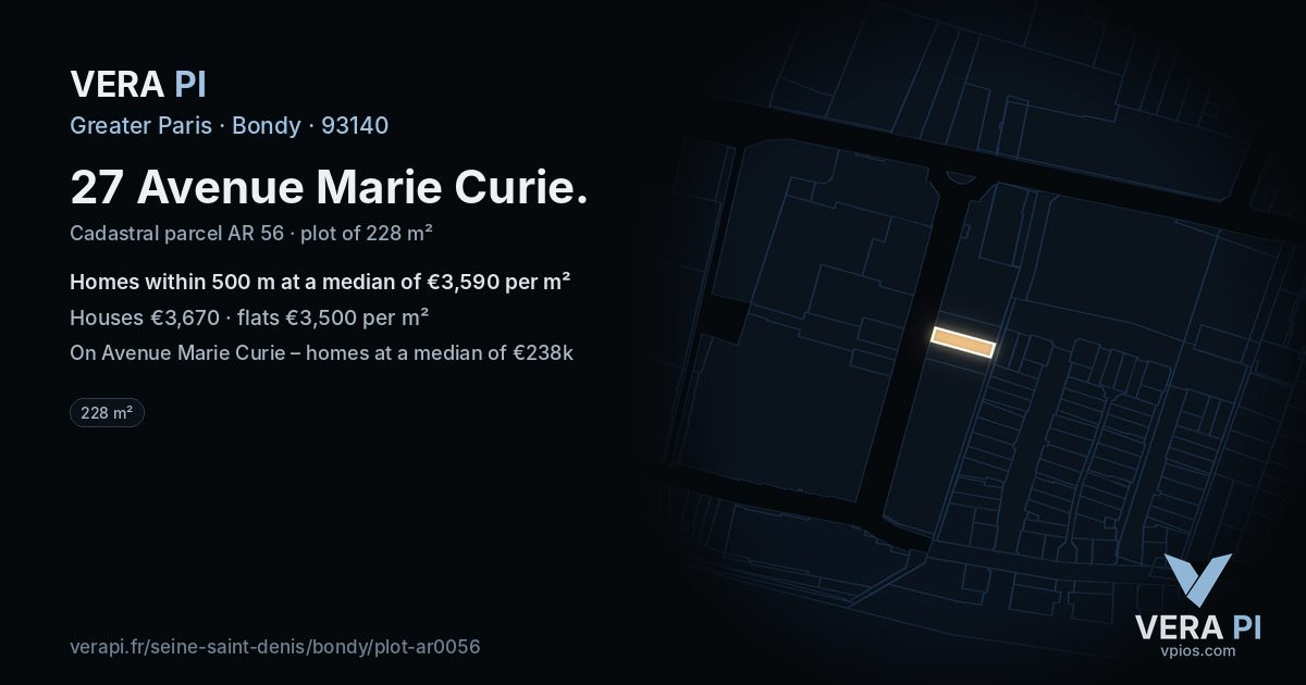 27 Avenue Marie Curie, Bondy at night – the plot lit, the parcels around coloured by the prices near them