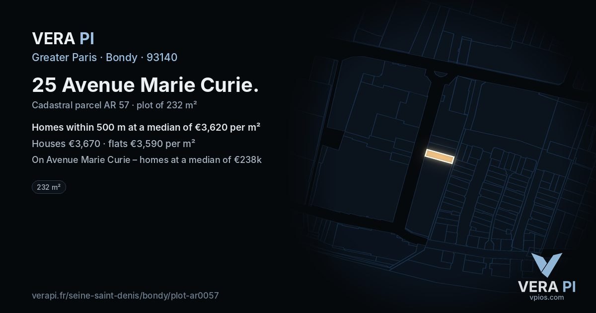25 Avenue Marie Curie, Bondy at night – the plot lit, the parcels around coloured by the prices near them
