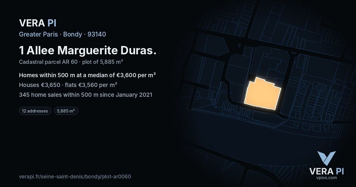1 Allee Marguerite Duras, Bondy at night – the plot lit, the parcels around coloured by the prices near them