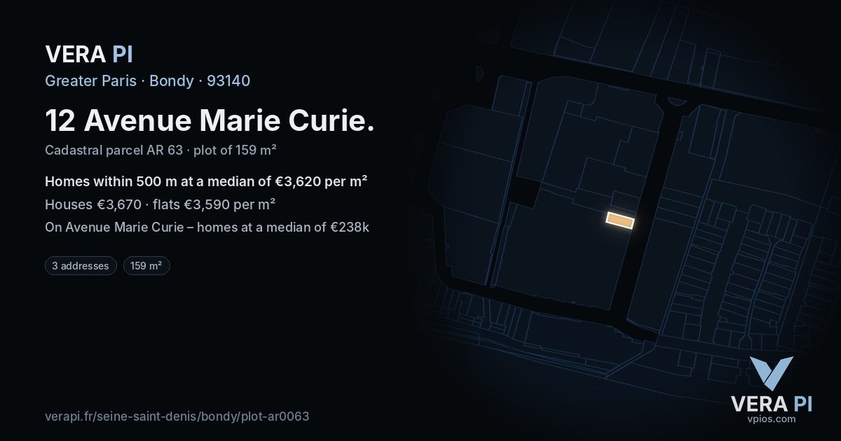 12 Avenue Marie Curie, Bondy at night – the plot lit, the parcels around coloured by the prices near them