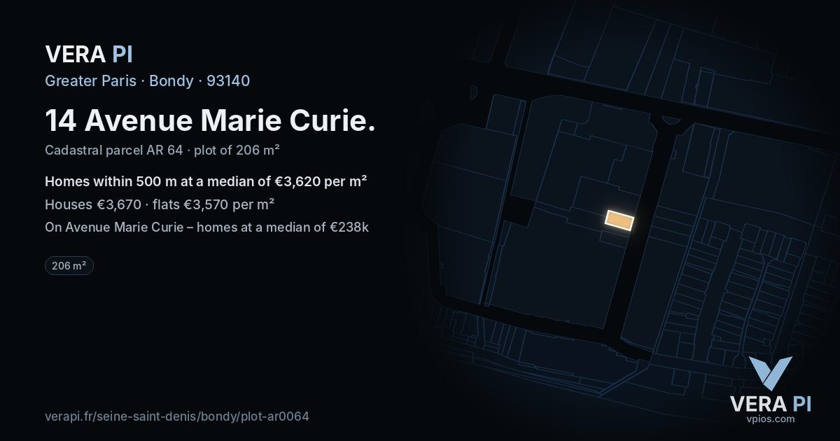 14 Avenue Marie Curie, Bondy at night – the plot lit, the parcels around coloured by the prices near them