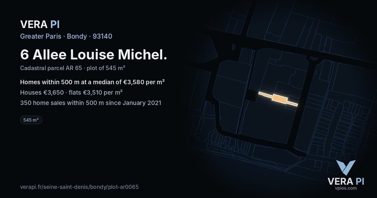 6 Allee Louise Michel, Bondy at night – the plot lit, the parcels around coloured by the prices near them
