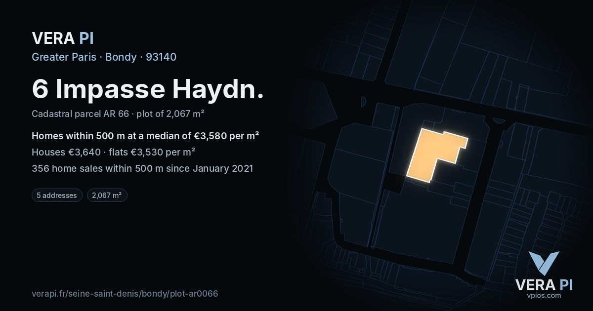 6 Impasse Haydn, Bondy at night – the plot lit, the parcels around coloured by the prices near them