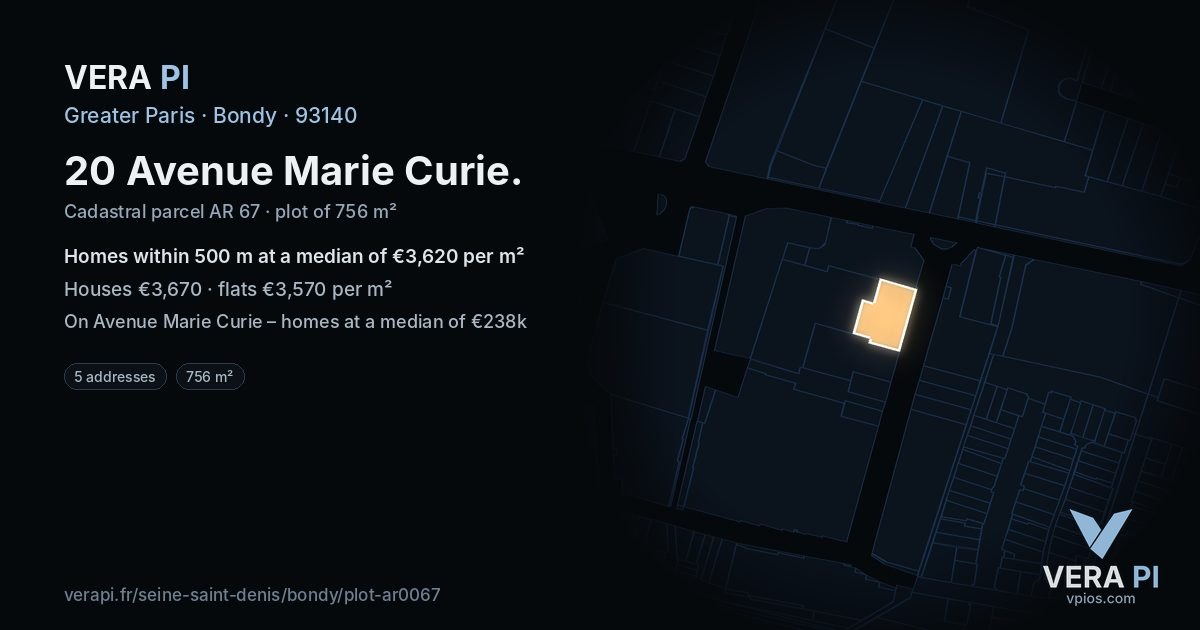 20 Avenue Marie Curie, Bondy at night – the plot lit, the parcels around coloured by the prices near them