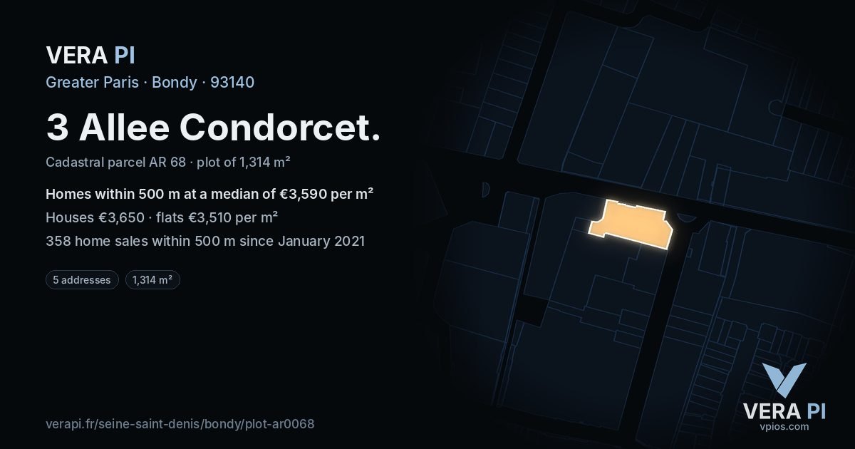 3 Allee Condorcet, Bondy at night – the plot lit, the parcels around coloured by the prices near them