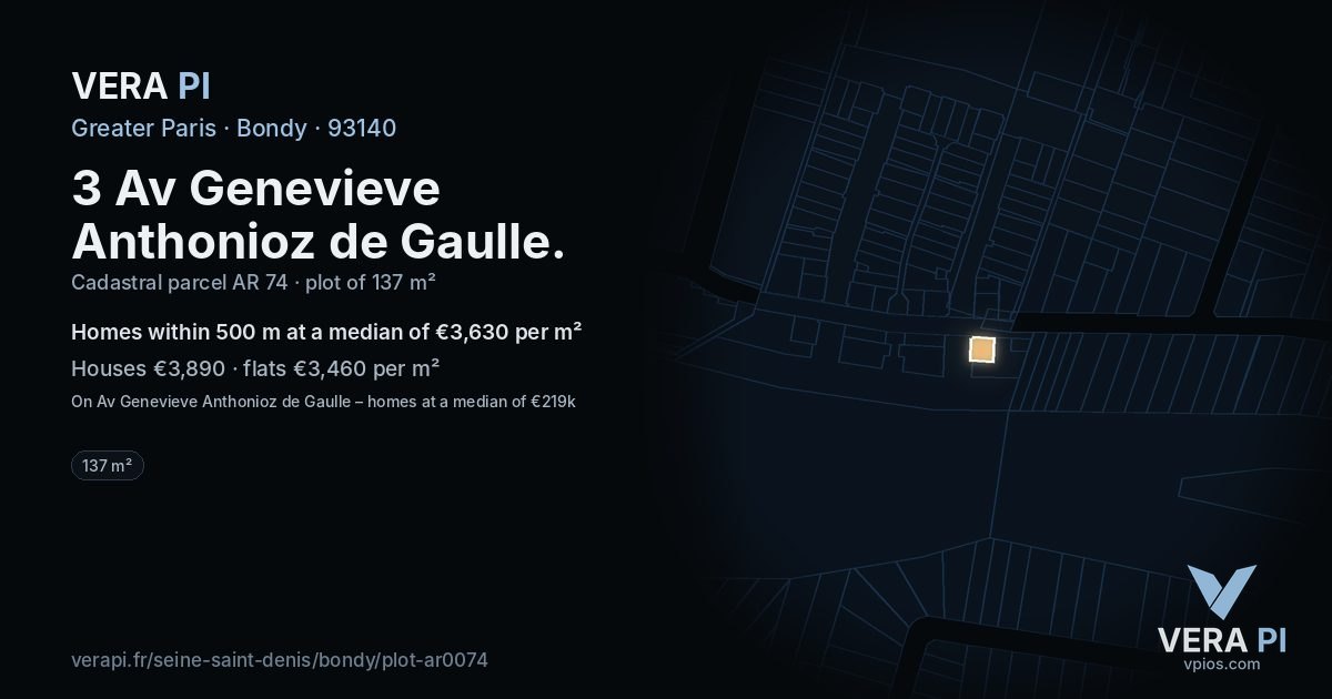 3 Av Genevieve Anthonioz de Gaulle, Bondy at night – the plot lit, the parcels around coloured by the prices near them