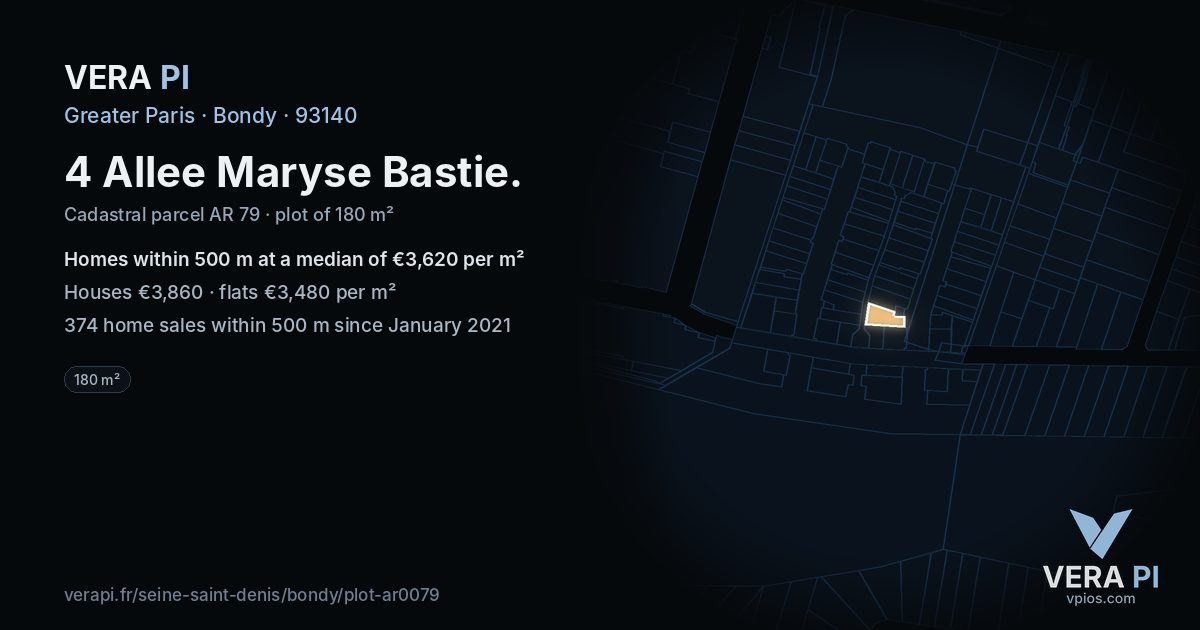 4 Allee Maryse Bastie, Bondy at night – the plot lit, the parcels around coloured by the prices near them