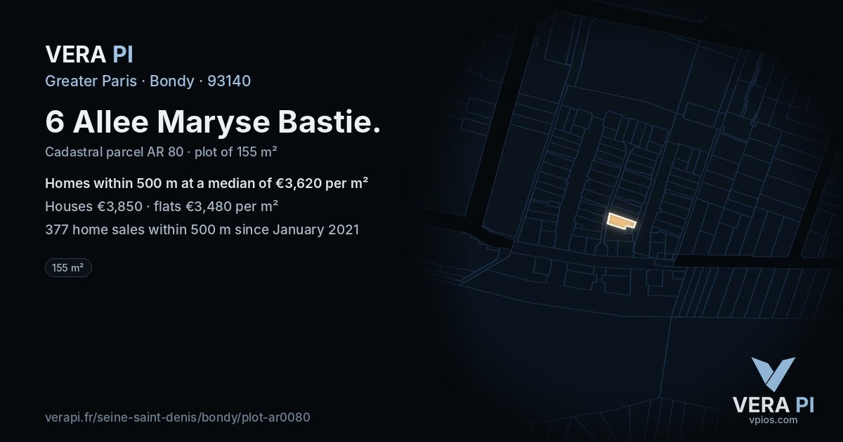 6 Allee Maryse Bastie, Bondy at night – the plot lit, the parcels around coloured by the prices near them