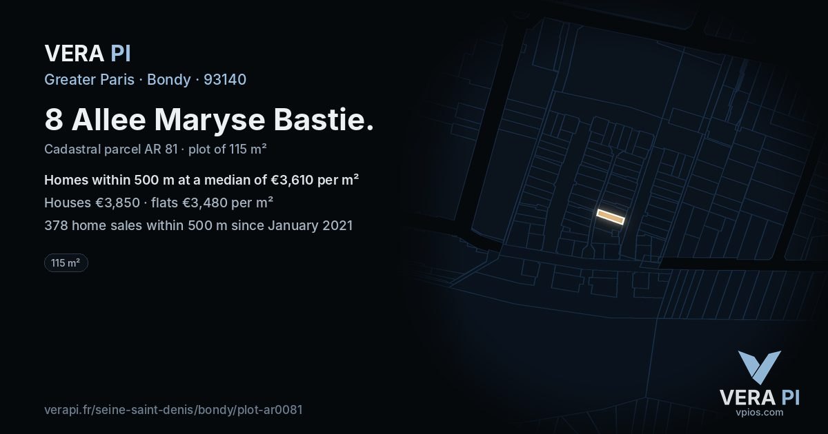 8 Allee Maryse Bastie, Bondy at night – the plot lit, the parcels around coloured by the prices near them