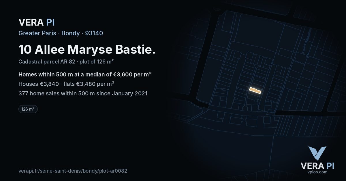 10 Allee Maryse Bastie, Bondy at night – the plot lit, the parcels around coloured by the prices near them