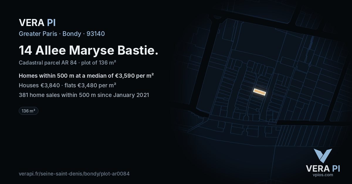 14 Allee Maryse Bastie, Bondy at night – the plot lit, the parcels around coloured by the prices near them