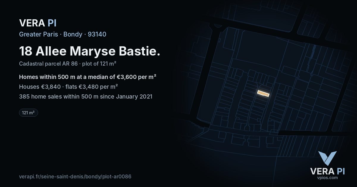 18 Allee Maryse Bastie, Bondy at night – the plot lit, the parcels around coloured by the prices near them