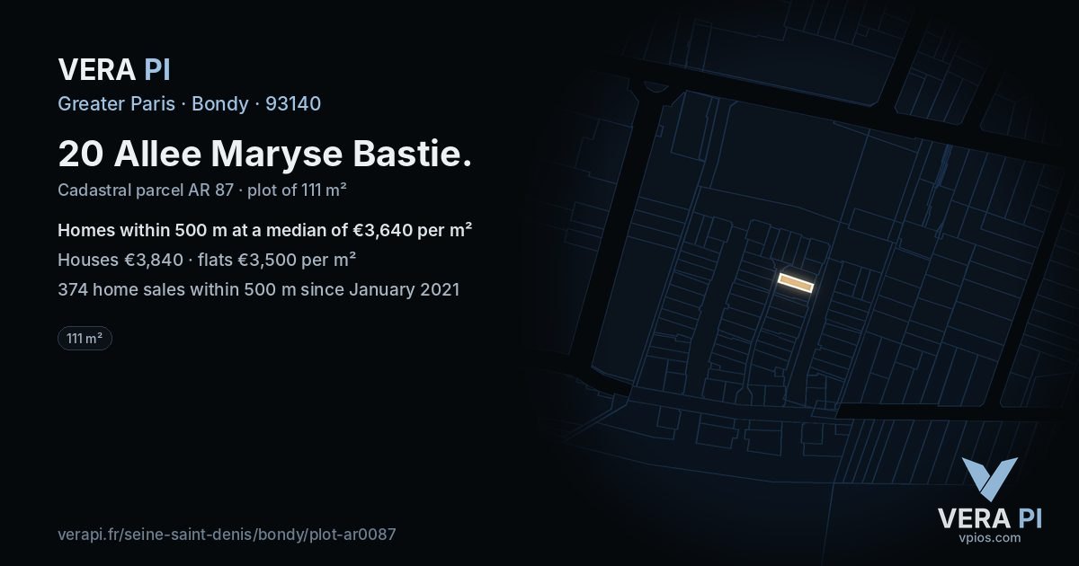 20 Allee Maryse Bastie, Bondy at night – the plot lit, the parcels around coloured by the prices near them