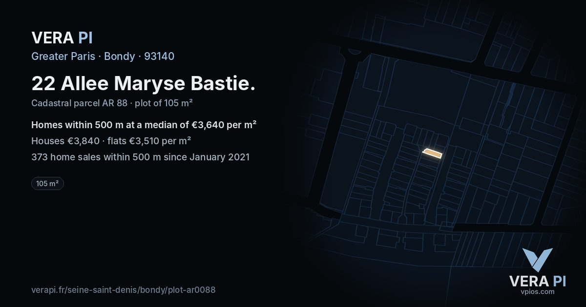 22 Allee Maryse Bastie, Bondy at night – the plot lit, the parcels around coloured by the prices near them