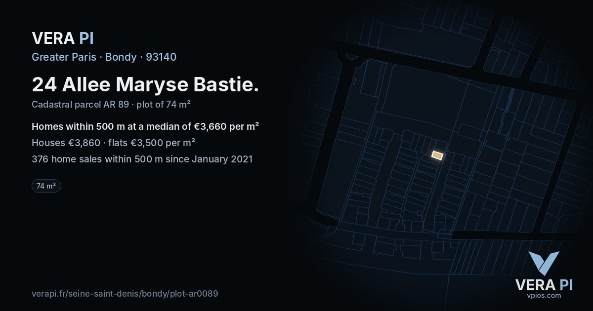 24 Allee Maryse Bastie, Bondy at night – the plot lit, the parcels around coloured by the prices near them