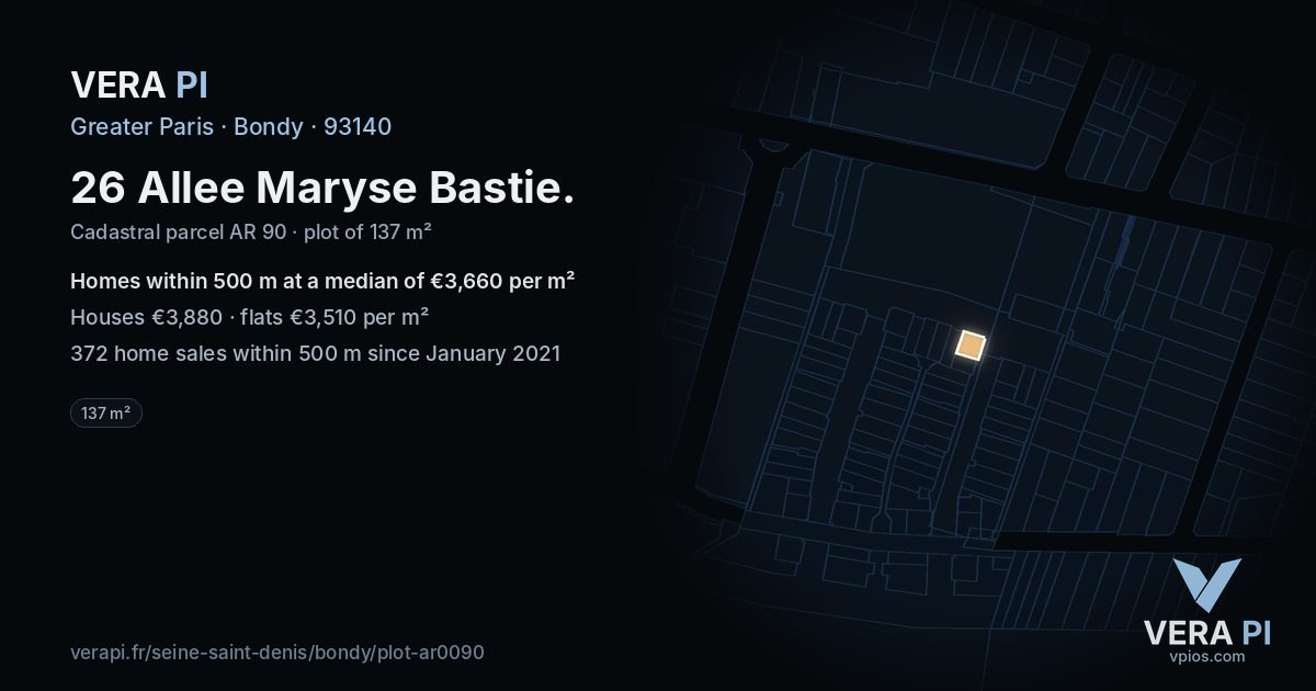 26 Allee Maryse Bastie, Bondy at night – the plot lit, the parcels around coloured by the prices near them