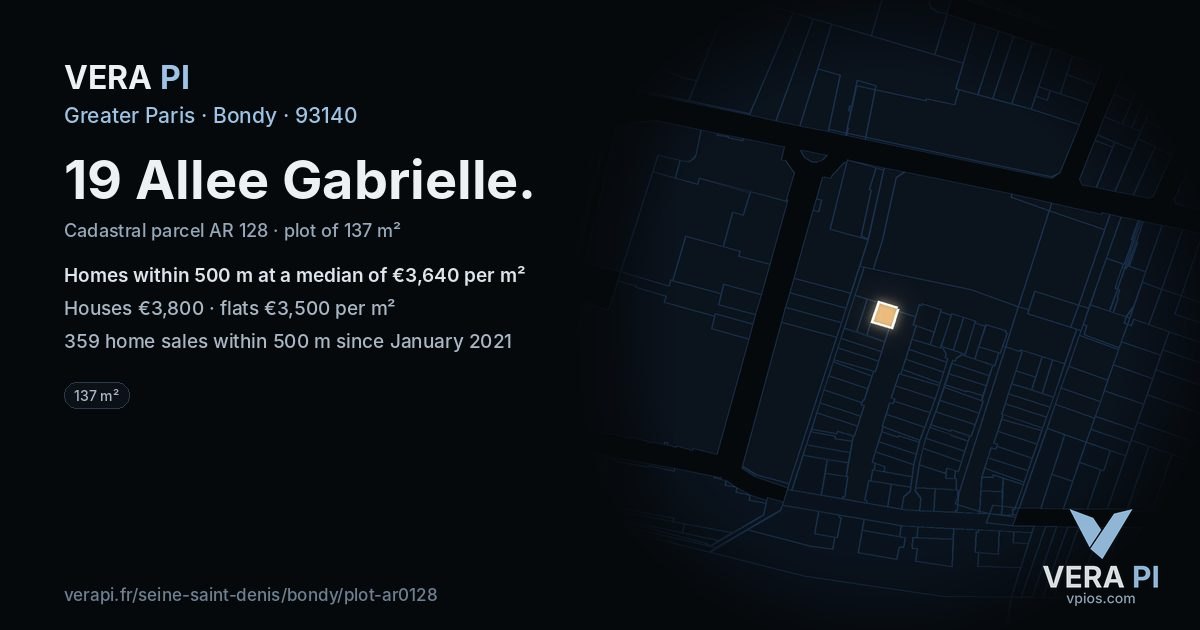 19 Allee Gabrielle, Bondy at night – the plot lit, the parcels around coloured by the prices near them